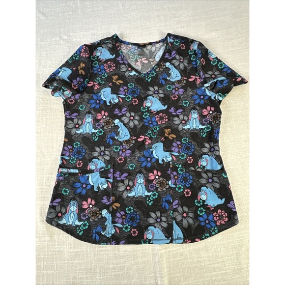 Disney Winnie‎ the Pooh Eeyore Floral Women's Size Medium V-Neck Scrub Top - Picture 1 of 10